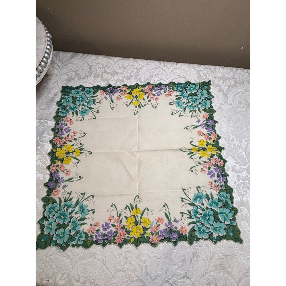 Vintage 1950s Floral Handkerchief Scalloped Edge Teal Violets Daffodils Hanky